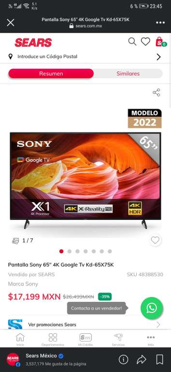 Sears: Pantalla Sony 65" 4K Google Tv Kd-65X75K