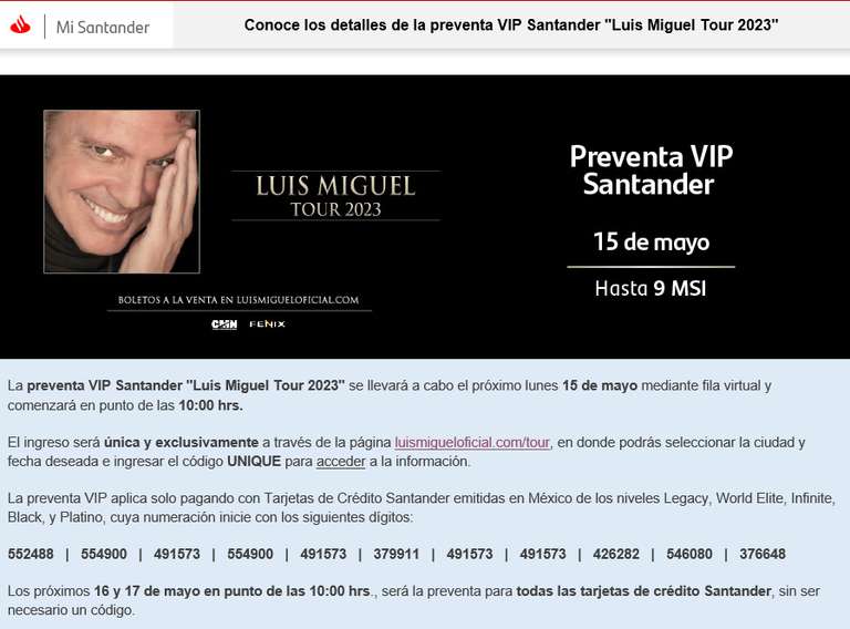 Preventa VIP Santander Luis Miguel Tour 2023 el 15 de mayo a las 10:00