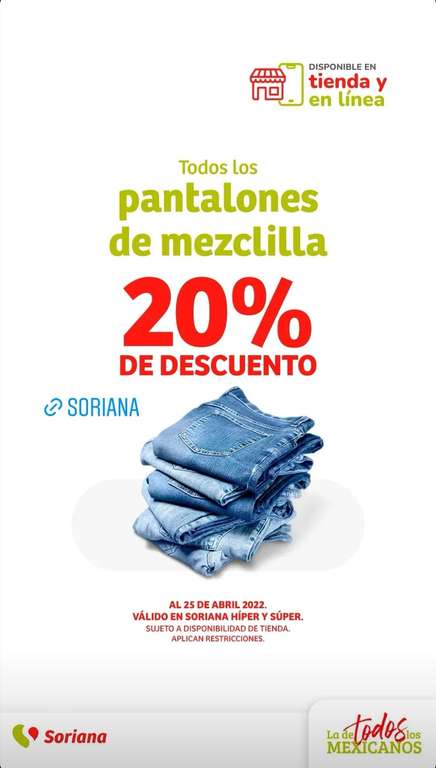 Soriana: 20% de descuento en todos los pantalones de mezclilla