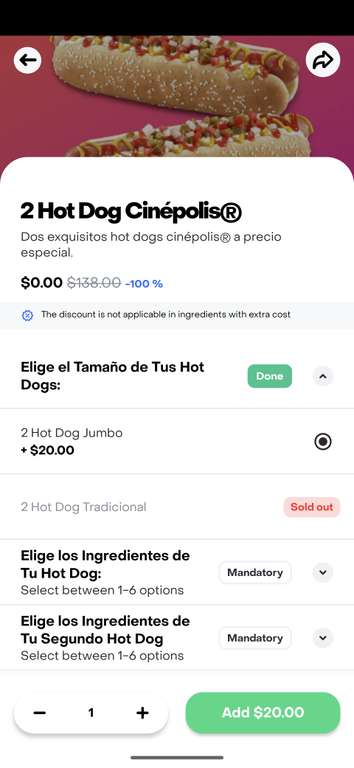 Rappi: Cinepolis. Dos Hotdogs Jumbo por 20 pesos