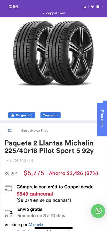 Coppel: Paquete 2 Llantas Michelin 225/40r18 Pilot Sport 5 92y