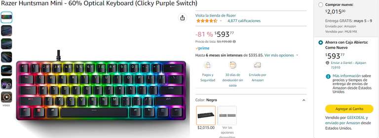 Amazon: Razer Huntsman Mini - 60% Optical Keyboard (Clicky Purple Switch) - Caja Abierta: Como nuevo