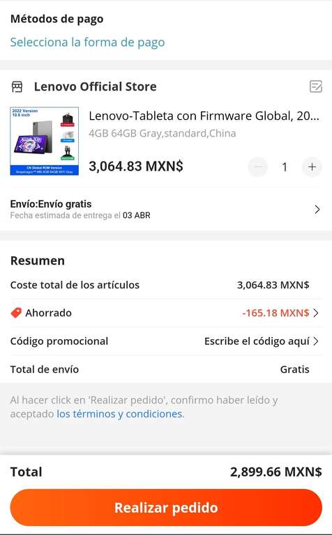 AliExpress: LENOVO XIAOXIN PAD ( 4GB/64GB ) versión global
