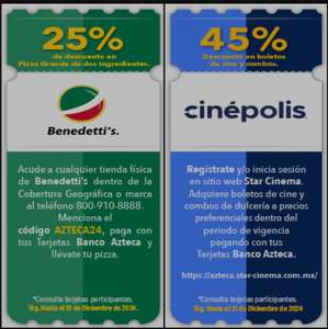 Banco Azteca: Descuento en Benedetti's y Cinépolis