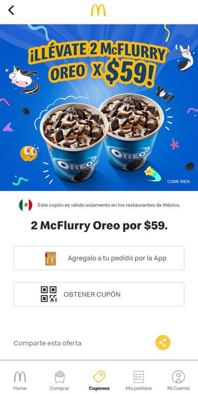 McDonald’s: 2 McFlurry Oreo x $59 desde la app