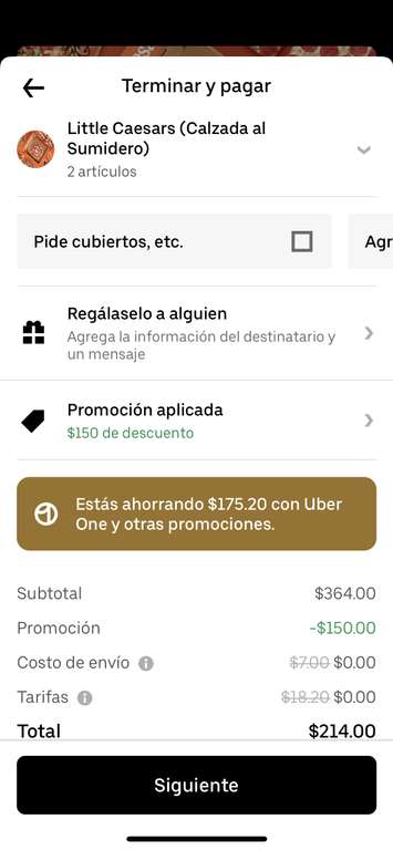 Uber Eats: Little Caesar/ Uber One Gasta $350 ahorra $150