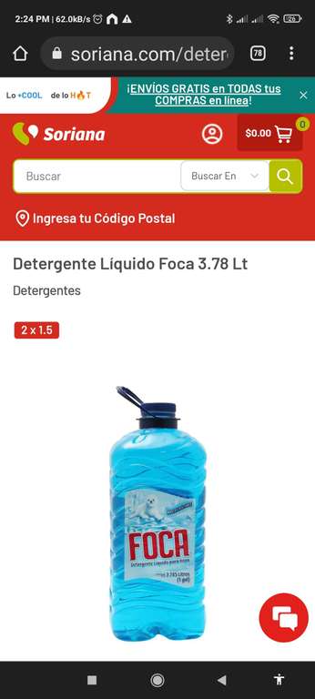 Soriana: Detergente Líquido Foca 3.78 Lt 2 x 1 1/2