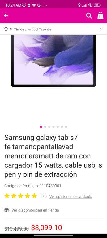Liverpool: Galaxy Tab s7 FE pagando con Paypal y BBVA