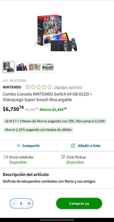 Sam's Club: Combo Consola NINTENDO Switch OLED 64 GB + Videojuego Super Smash Descargable | 18 + 3 MSI