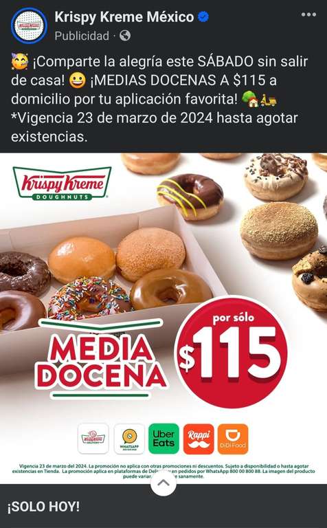 Krispy kreme: media docena a $115 por delivery