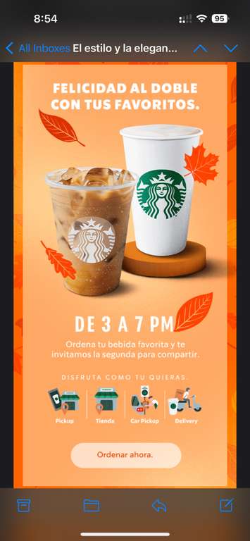 Starbucks: En la compra de una bebida Grande (400mL) o Venti (500mL), obtén una segunda bebida participante de cortesía | De 3 a 7 pm