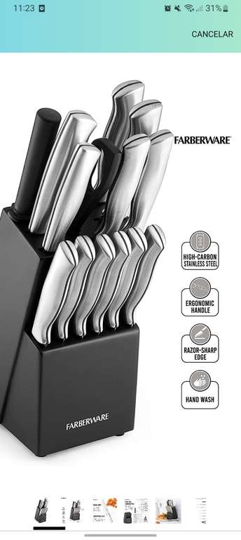 Amazon: Farberware Juego de cuchillos de acero inoxidable, 15 piezas/PRECIO AL PAGAR