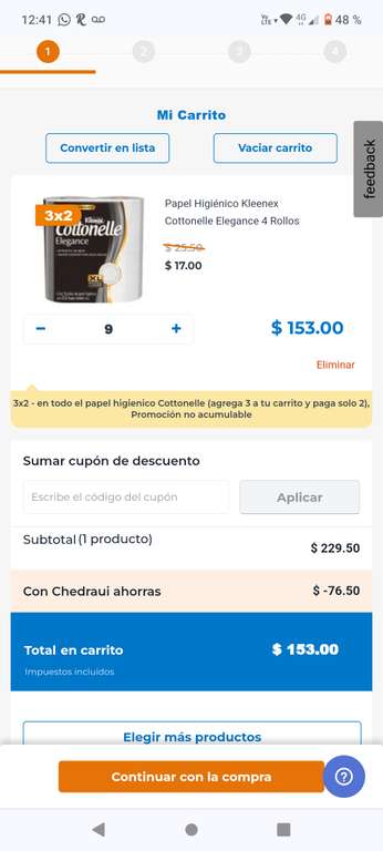 Chedraui [Cancún]: 3x2 en Papel higiénico Cottonelle Elegance 4 rollos ($17 c/paq)