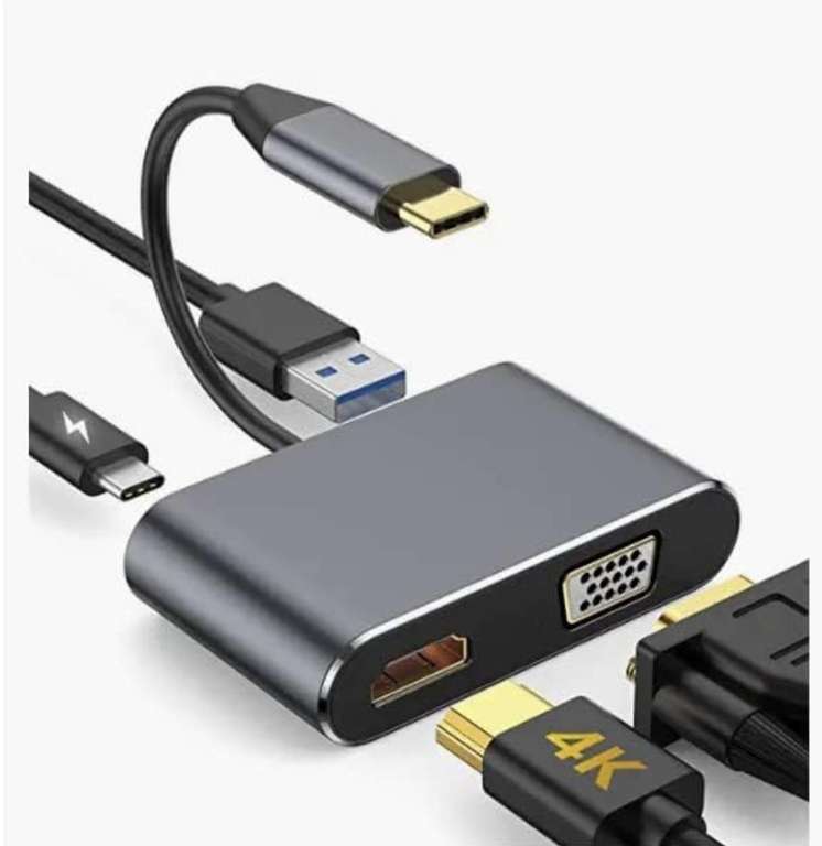 Amazon: Adaptador USB C a HDMI y VGA, 4 en 1 Adaptador Tipo C a 4K HDMI/VGA 1080P/USB 3.0/USB C PD