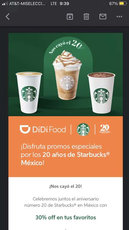 DiDi Food 2x1 Starbucks promos especiales por los 20 años de Starbucks, descuento de hasta 30%