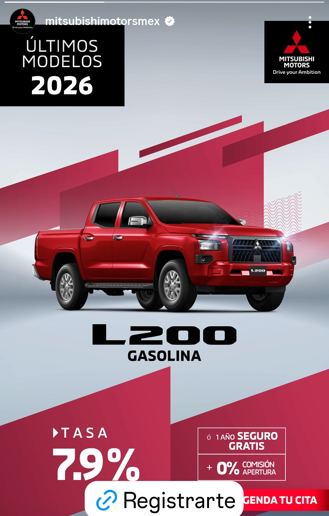 Mitsubishi Motors: Mitsubishi L200 2026 gasolina: tasa 7.9% + 1 año de seguro GRATIS