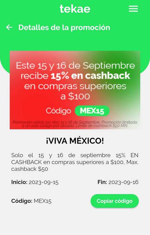 TEKAE: 15% en cashback en compras superiores a $100 (15 y 16 Septiembre)