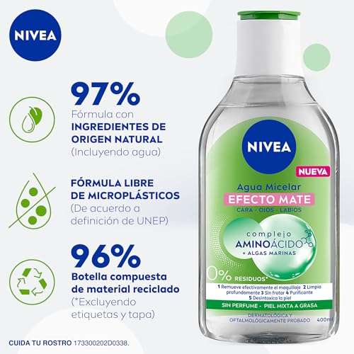 Amazon: NIVEA Agua Micelar Desmaquillante Todo en uno Efecto Mate (400 ml), Fórmula Vegana que Remueve Maquillaje a Prueba de Agua,