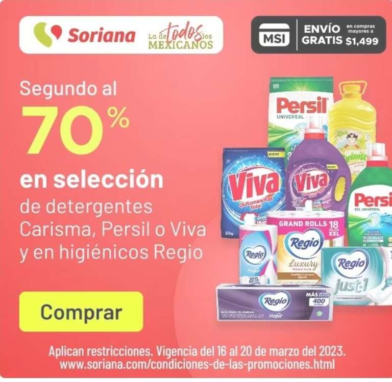 Segundo al 70% en Detergentes Soriana