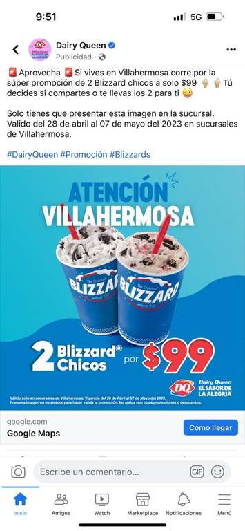 Dairy Queen Villahermosa: 2 Blizzards chicos x $99