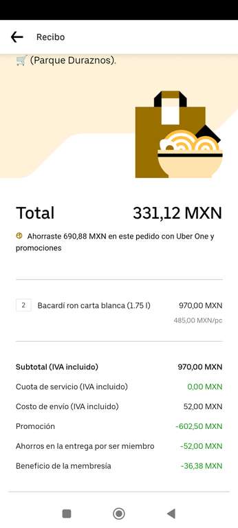 Uber Eats: Ron Bacardí de 1.75