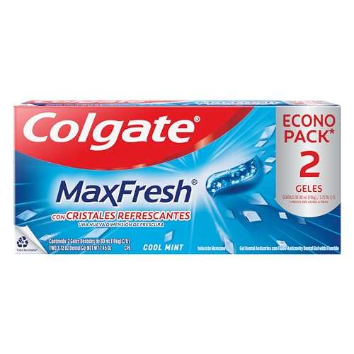 Amazon: Colgate Pasta Dental Aliento Fresco, Max Fresh Cool Mint Anticaries, Con Cristales Refrescantes y Flúor 2x80ml