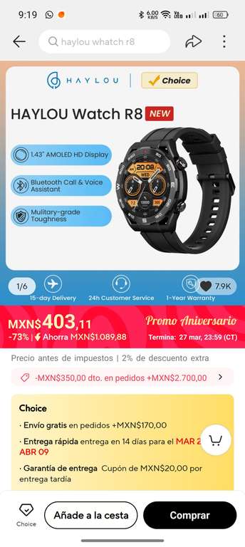 AliExpress: Haylou smartwatch r8