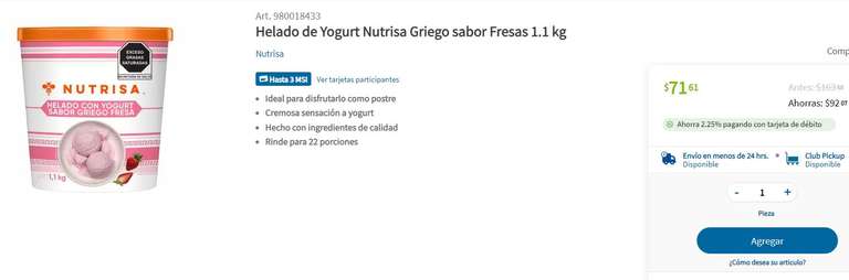 Sams: Helado de Yogurt Nutrisa Griego sabor Fresas 1.1 kg