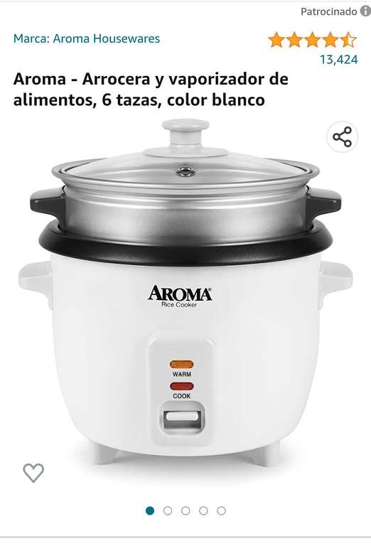 Amazon: Aroma Arrocera y vaporizador de alimentos, 6 tazas, color blanco