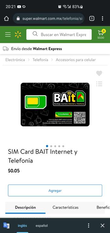 Walmart: SIM Card BAIT Internet y Telefonía por $0.05