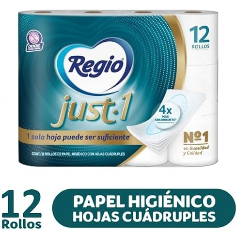 Amazon: Regio Just 1, Hojas Cuádruples 50% Mas Gruesas, 12 Rollos │$130 c/u comprando 2, $110 c/u comprando 10│Planea y Ahorra│