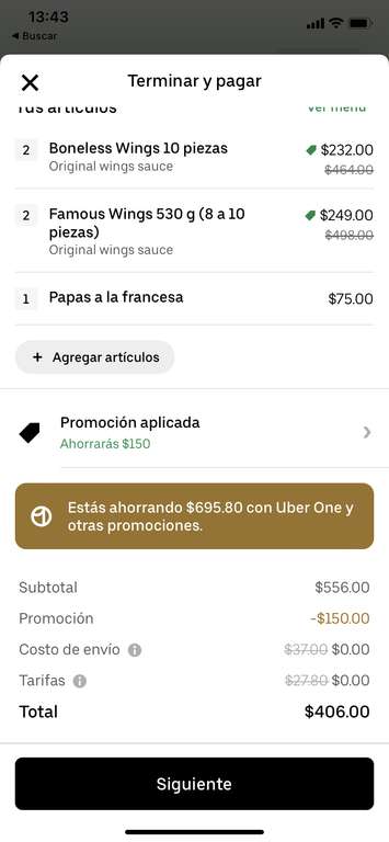 Uber eats, members One: Uber one Chili’s / 20 alitas + 20 boneless + papas $406 (Gasta $550, ahorra $150 + alitas 2x1)