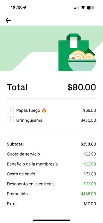 Uber Eats dos gringas y papas $70