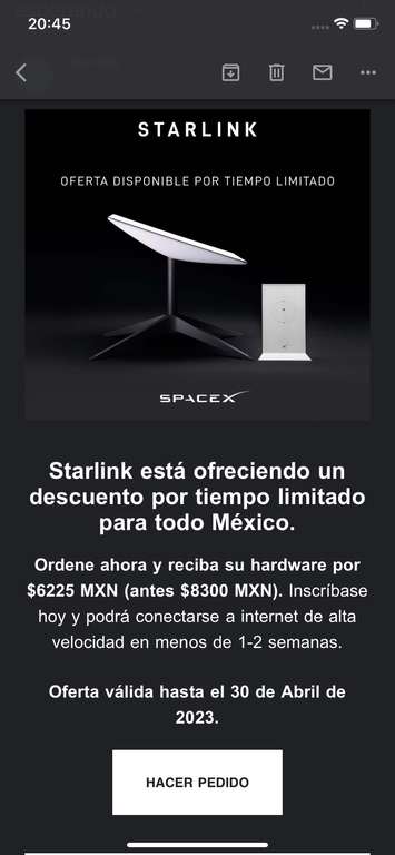 Starlink: Costo único de hardware en oferta