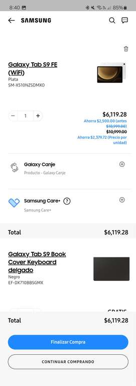 Samsung Store: Samsung Galaxy Tab S9 FE con book cover keyboard RE-STOCK | $6199 con 1a compra