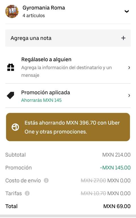 Uber Eats: Uber One/Gyromania Roma $69