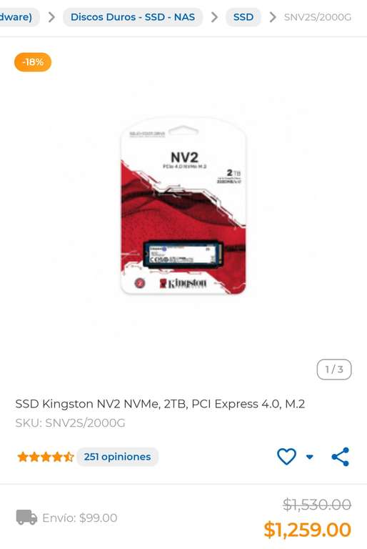 CyberPuerta: SSD Kingston NV2 NVMe, 2TB SKU: SNV2S/2000G