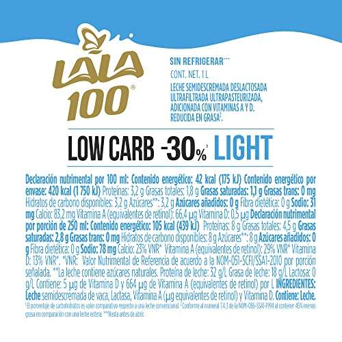 Amazon: Lala 100 Low Carb Light Leche Sin Lactosa - 1 Paquete x 12 Piezas 1 Litro c/u, Total: 12 L | Planea y Ahorra