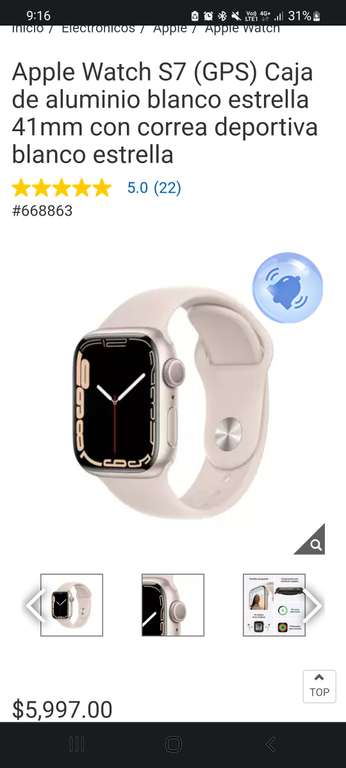 Costco: Apple Watch S7 (GPS) Caja de aluminio blanco estrella 41mm con correa deportiva blanco estrella + cupon