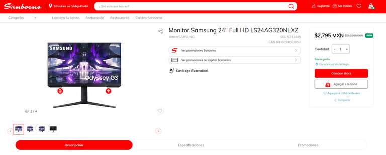 Sanborns: SAMSUNG Monitor Gaming Premium 24" Odyssey G3 165hz 1ms