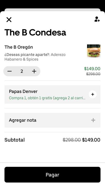 Uber Eats: "The B Condesa" Papas y Hamburguesa vegetariana al 2x1