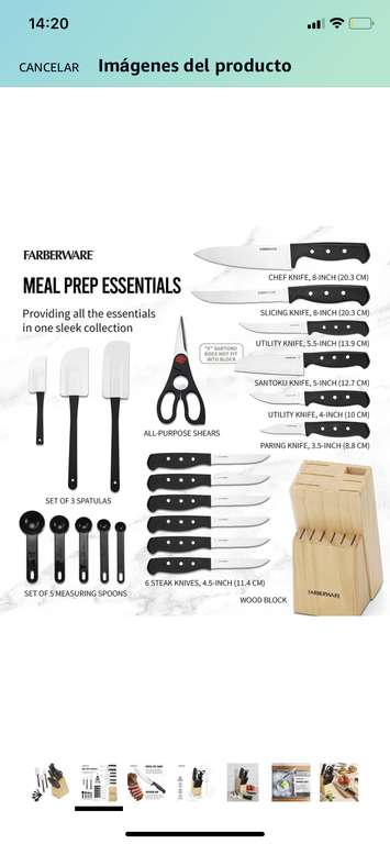 Amazon: Farberware Set de cuchillos con triple remache (no requieren afilado) y utensilios de cocina, 22 piezas