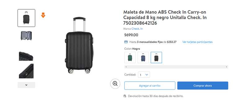 Walmart - Maleta de Mano ABS Check In Carry-on Capacidad 8 kg negro Unitalla Check. In