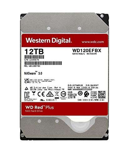 Amazon: Disco Duro Interno WD Red Plus NAS de 12 TB - 7200 RPM, SATA 6 GB/s, CMR, 512 MB de caché, 3,5 Pulgadas