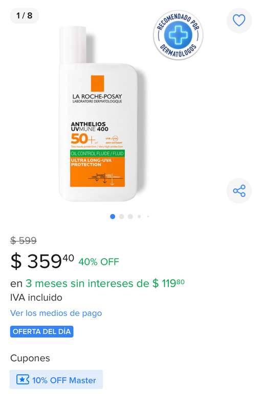 Mercadolibre: Protector solar facial La Roche UVmune400 oil con MasterCard