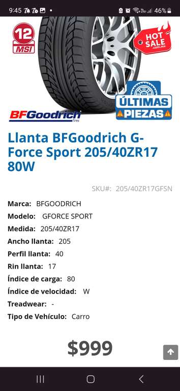 Grupo Avante: Llanta 205/40ZR17 BF Goodrich G-Force Sport