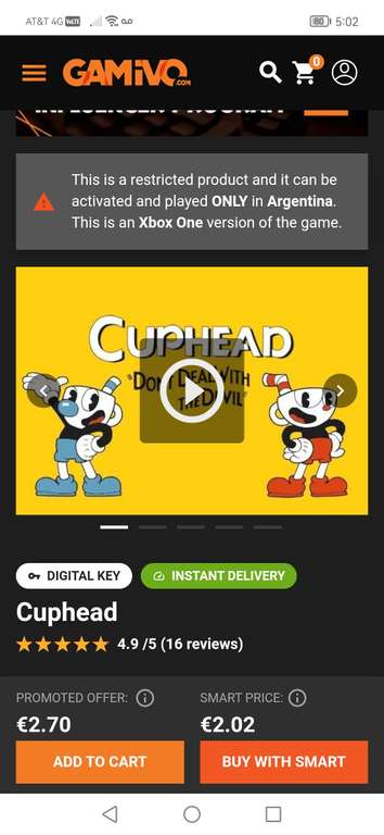 Gamivo: CupHead Xbox One, Clave VPN Argentina