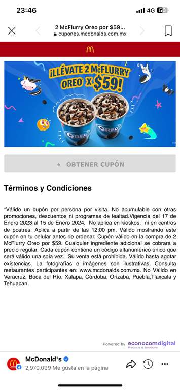 McDonald's: 2 McFlurry oreo X 59.00
