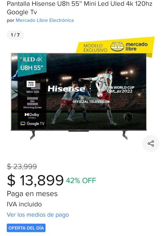 Mercado Libre: Pantalla Hisense U8h 55'' Mini Led Uled 4k 120hz Google Tv (solo nivel 6 mercado libre) volvió al precio aprovechen