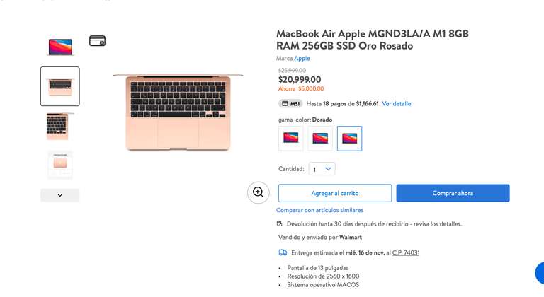 Walmart y Aurrera: MacBook Air M1 256GB, 15799$ a 18 meses con BBVA